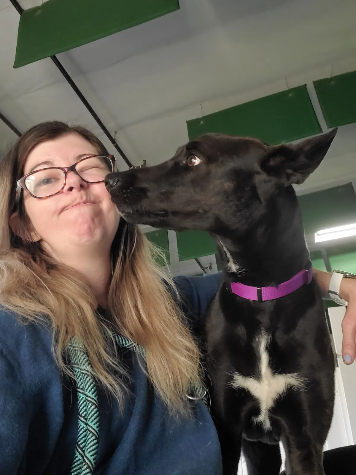 A black pup booping Sarah's cheek while she makes a silly face