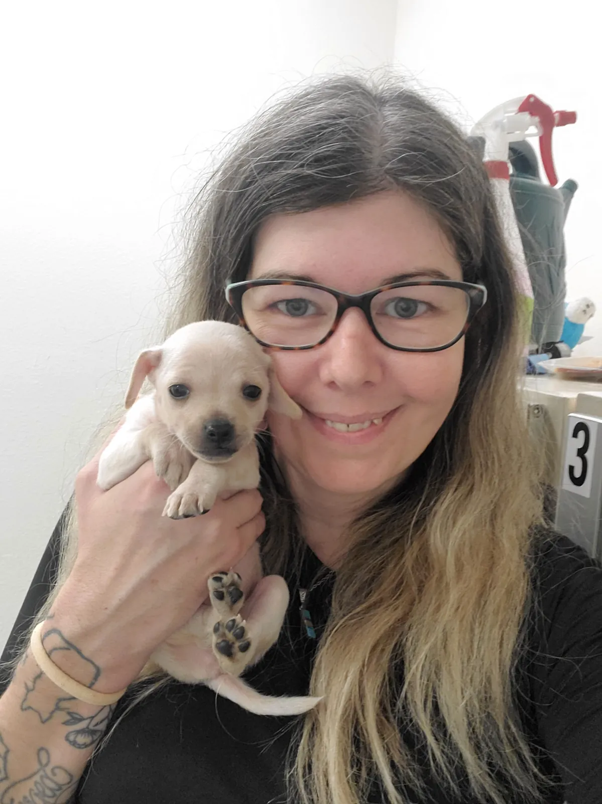 Sarah holding a tiny cream puppy